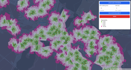 Isochrone reachability calculated using Graphhopper